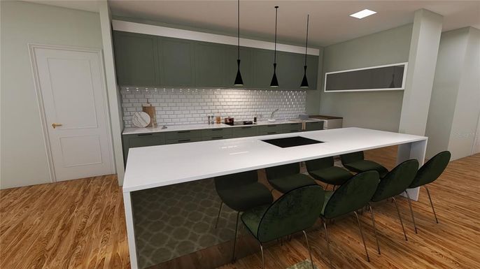 Interior, Kitchen, Pendant Lights, Wood Texture Flooring