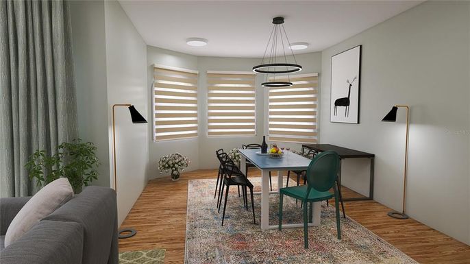 Dining room, Interior, Pendant Lights, Wood Texture Flooring