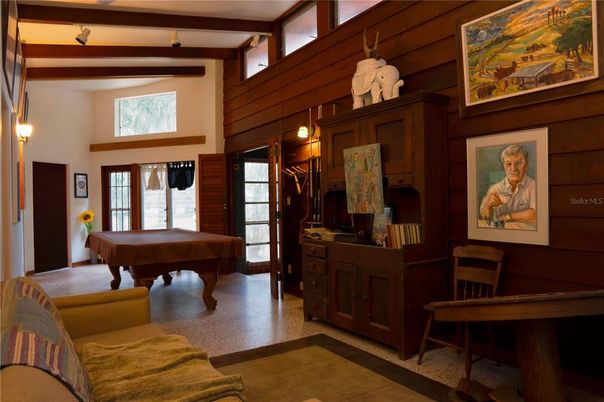 Billiard Table, Game Room, Interior, Pendant Lights, Wooden Beams, Wooden Walls