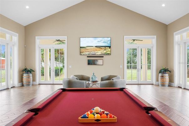 Billiard Table, Game Room, Interior, Recessed Lighting, Wood Texture Flooring
