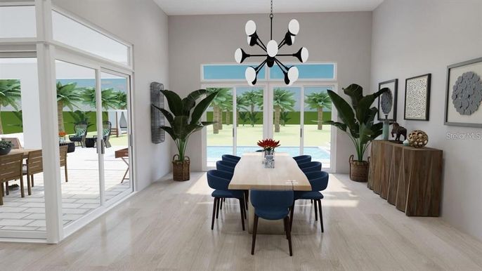 Dining room, Interior, Pendant Lights, Wood Texture Flooring