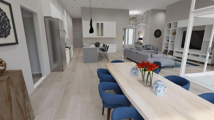 Dining room, Interior, Kitchen, Living room, Pendant Lights, Recessed Lighting, Wood Texture Flooring
