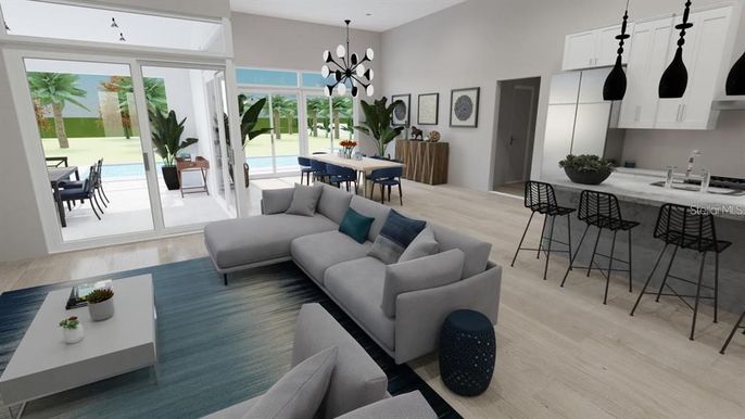 Dining room, Interior, Kitchen, Living room, Pendant Lights, Wood Texture Flooring