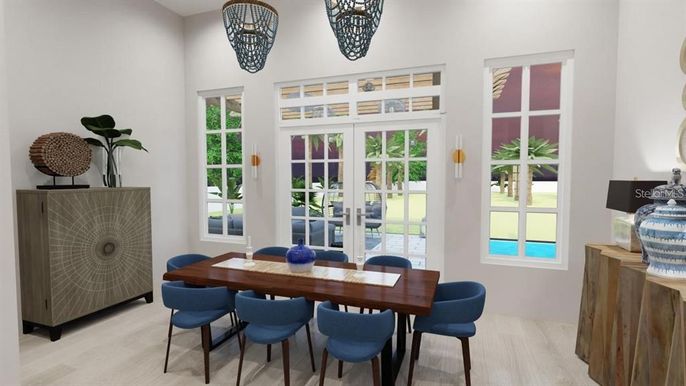 Dining room, Interior, Pendant Lights, Wood Texture Flooring