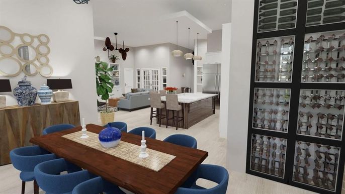 Dining room, Interior, Living room, Pendant Lights, Wood Texture Flooring