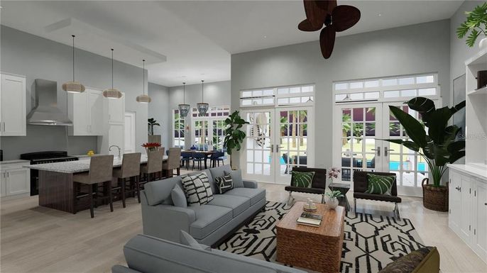 Dining room, Interior, Kitchen, Living room, Pendant Lights, Recessed Lighting, Wood Texture Flooring