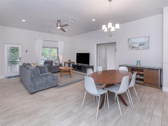 Chandelier, Dining room, Interior, Living room, Recessed Lighting, Wood Texture Flooring