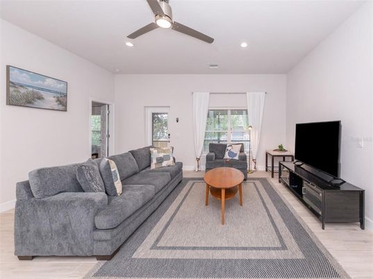 Interior, Living room, Recessed Lighting, Wood Texture Flooring