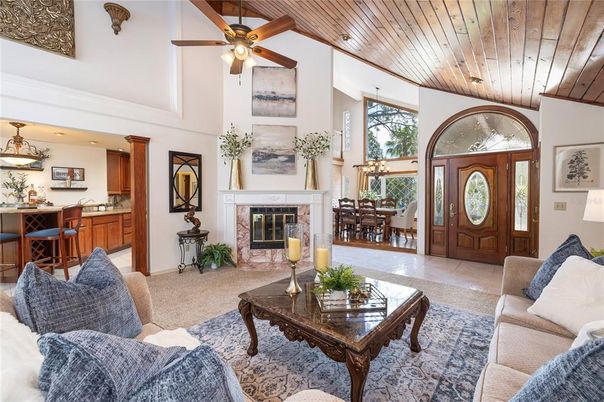 Dining room, Fireplace, Interior, Living room, Pendant Lights, Recessed Lighting, Wooden Ceilings