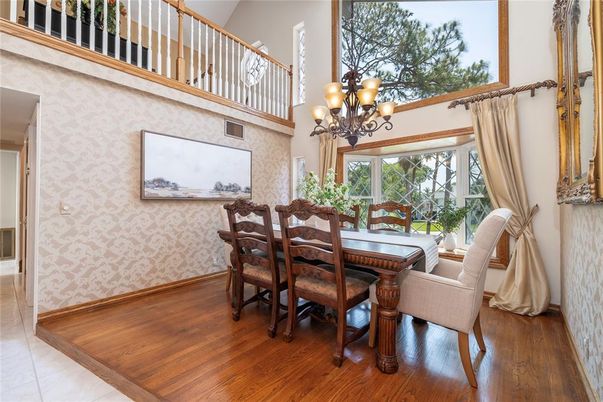 Chandelier, Dining room, Interior, Wood Texture Flooring