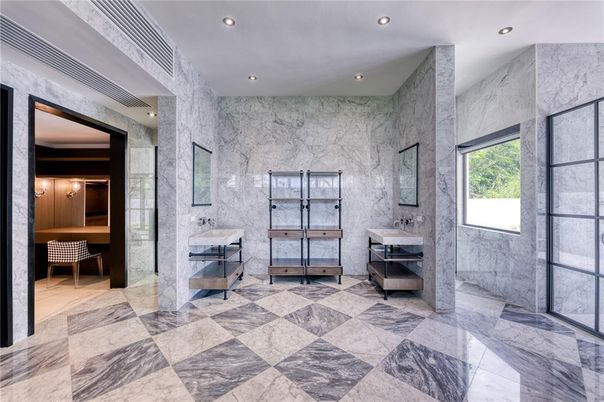 Bathroom, Glass Shower, Interior, Marble, Marble Walls, Recessed Lighting
