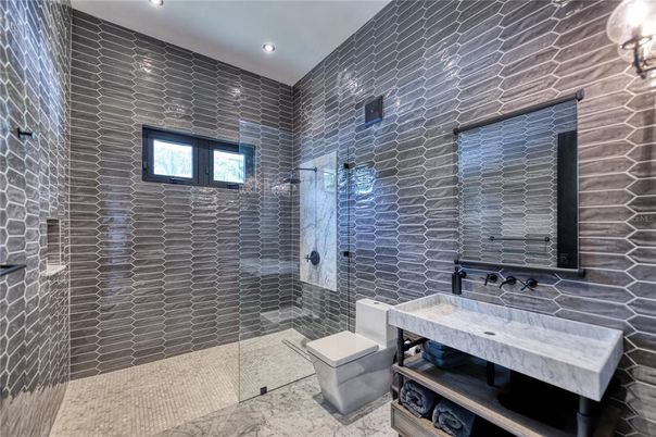 Bathroom, Glass Shower, Interior, Recessed Lighting, Stone Walls