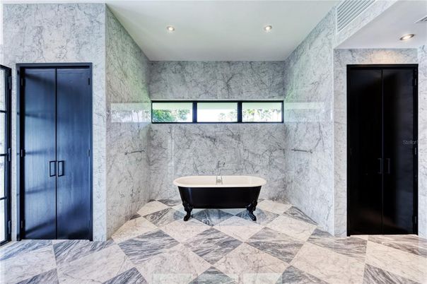 Bathroom, Free Standing Baths, Interior, Marble Walls, Recessed Lighting