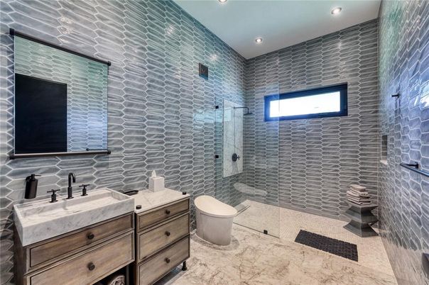 Bathroom, Glass Shower, Interior, Recessed Lighting, Stone Walls