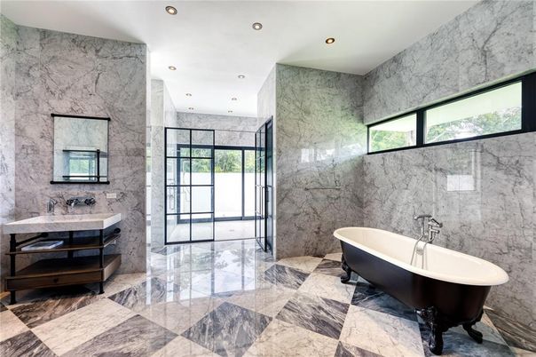 Bathroom, Free Standing Baths, Glass Shower, Interior, Marble, Marble Walls, Recessed Lighting