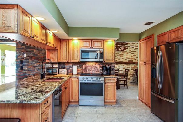 Dining room, Interior, Kitchen, Recessed Lighting, Stone Walls