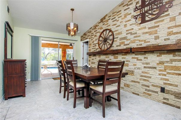 Chandelier, Dining room, Interior, Pendant Lights, Stone Walls