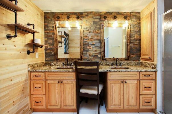 Bathroom, Dual Sink Vanities, Interior, Stone Walls, Wooden Walls