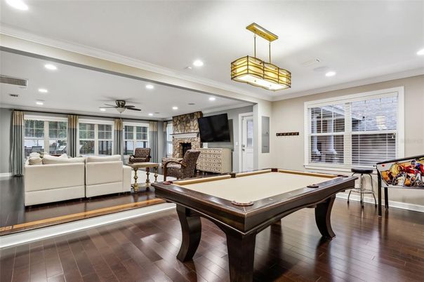 Billiard Table, Game Room, Interior, Living room, Pendant Lights, Recessed Lighting, Wood Texture Flooring