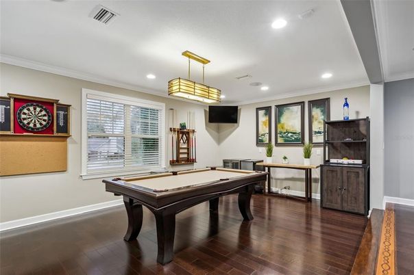 Billiard Table, Game Room, Interior, Recessed Lighting, Wood Texture Flooring