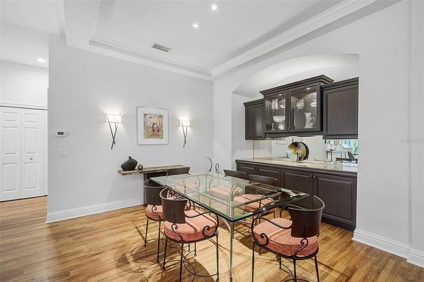 Dining room, Interior, Recessed Lighting, Wood Texture Flooring
