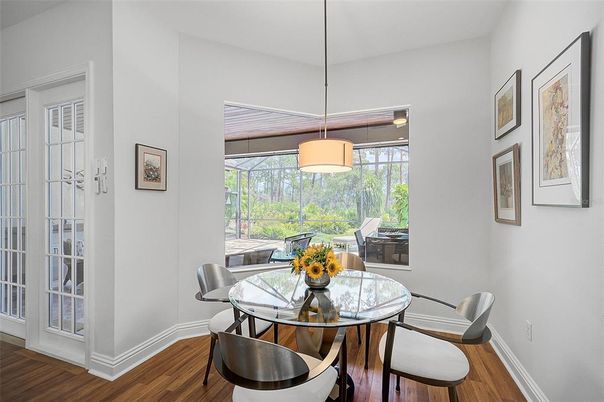 Dining room, Interior, Pendant Lights, Wood Texture Flooring