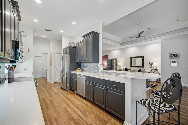 Interior, Kitchen, Recessed Lighting, Stainless Steel Appliances, Wood Texture Flooring