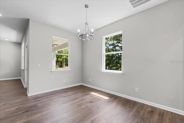 Chandelier, Empty room, Interior, Pendant Lights, Recessed Lighting, Wood Texture Flooring
