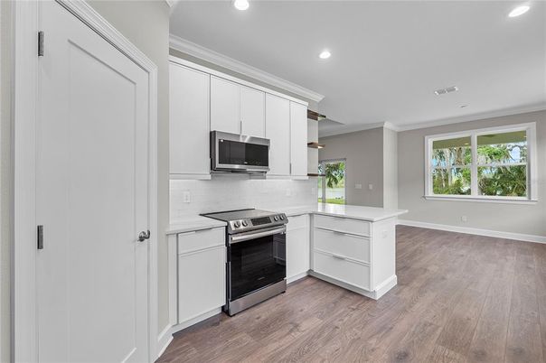 Interior, Kitchen, Recessed Lighting, Stainless Steel Appliances, Wood Texture Flooring