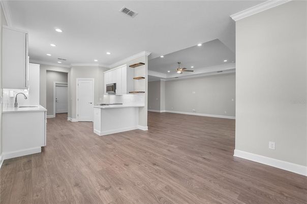 Empty room, Interior, Kitchen, Recessed Lighting, Wood Texture Flooring