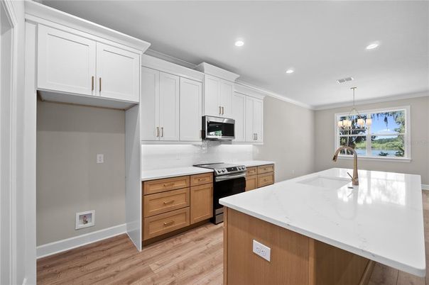 Interior, Kitchen, Pendant Lights, Recessed Lighting, Stainless Steel Appliances, Wood Texture Flooring