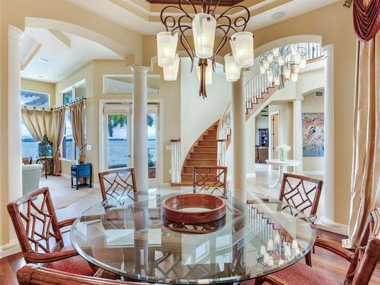 Dining room, Interior, Pendant Lights, Water, Wood Texture Flooring