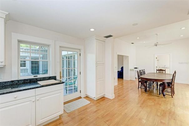Dining room, Interior, Recessed Lighting, Wood Texture Flooring