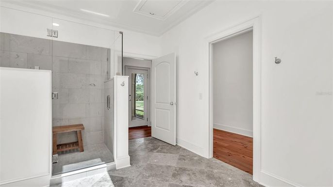 Bathroom, Glass Shower, Interior, Recessed Lighting, Wood Texture Flooring