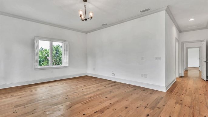 Empty room, Interior, Pendant Lights, Recessed Lighting, Wood Texture Flooring
