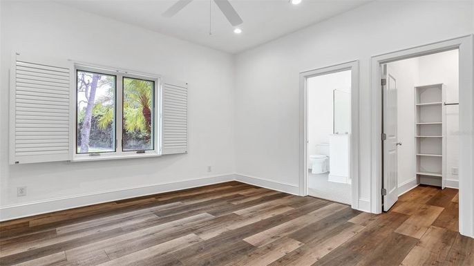 Bathroom, Empty room, Interior, Recessed Lighting, Wood Texture Flooring