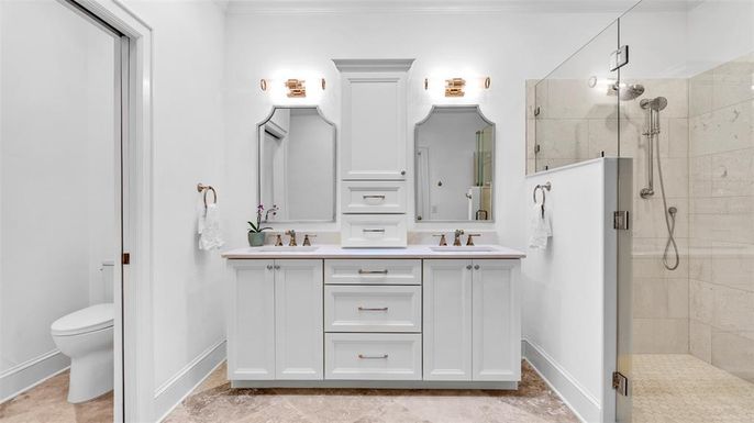 Bathroom, Dual Sink Vanities, Glass Shower, Interior
