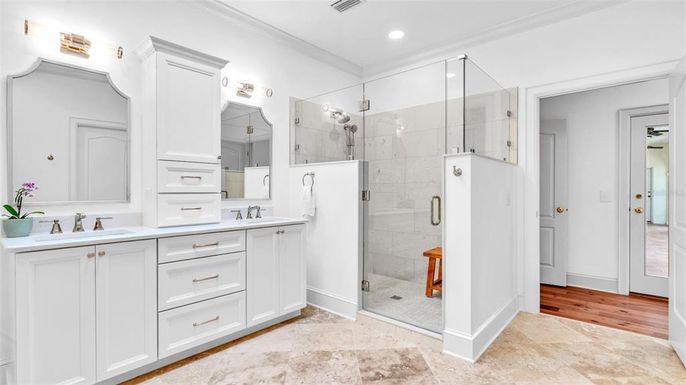 Bathroom, Dual Sink Vanities, Glass Shower, Interior, Recessed Lighting, Wood Texture Flooring