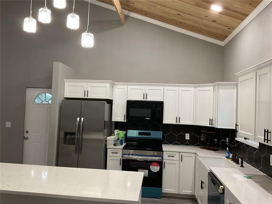Interior, Kitchen, Pendant Lights, Recessed Lighting, Stainless Steel Appliances, Wooden Ceilings