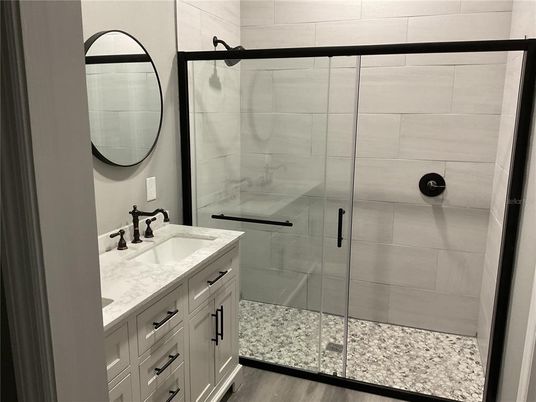 Bathroom, Glass Shower, Interior, Wood Texture Flooring