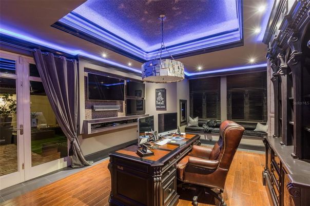 Home Office, Interior, Pendant Lights, Recessed Lighting, Wood Texture Flooring