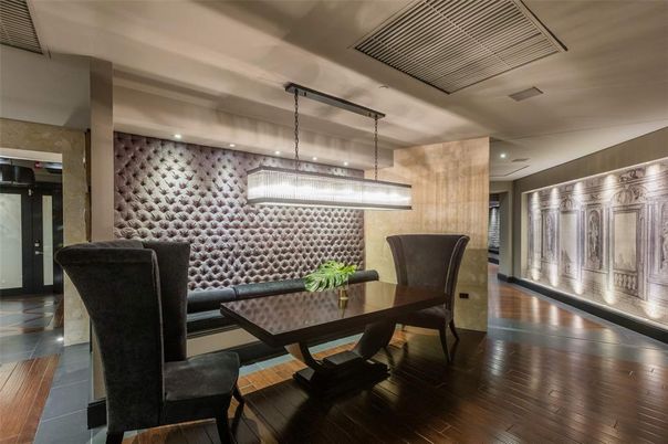 Dining room, Interior, Pendant Lights, Recessed Lighting, Wood Texture Flooring