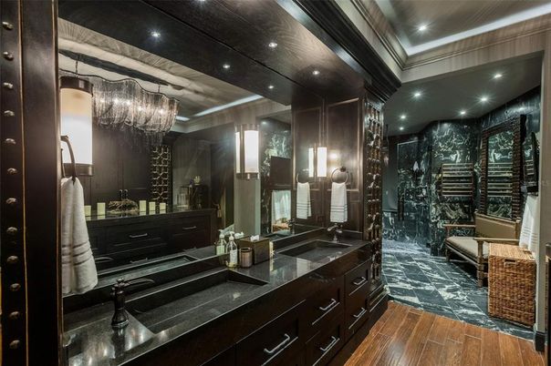 Bathroom, Chandelier, Dual Sink Vanities, Interior, Recessed Lighting, Wood Texture Flooring