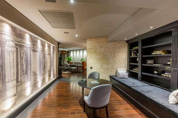 Interior, Recessed Lighting, Stone Walls, Wood Texture Flooring