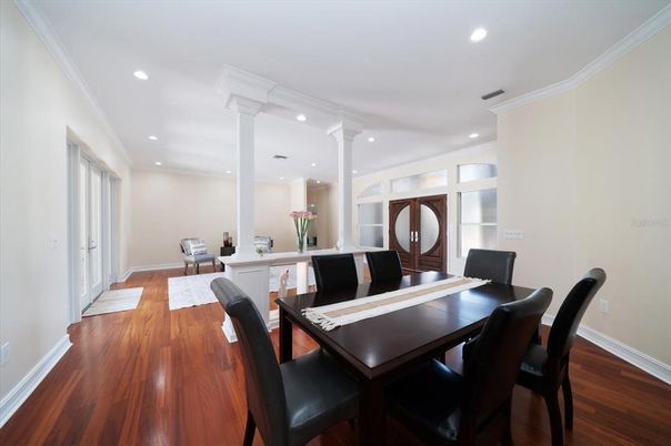 Dining room, Interior, Recessed Lighting, Wood Texture Flooring
