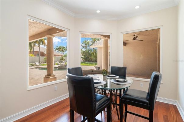 Dining room, Interior, Recessed Lighting, Wood Texture Flooring