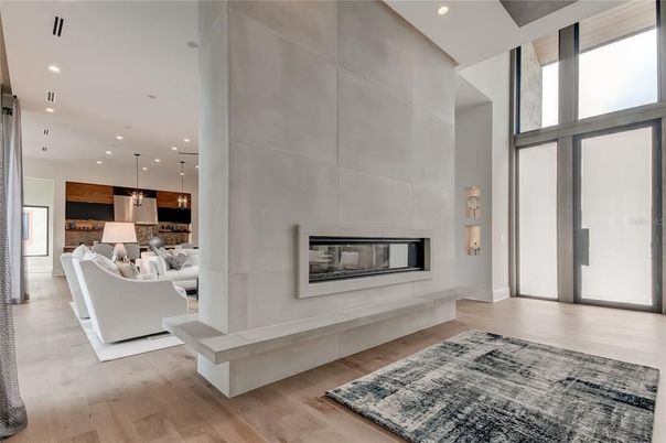 Fireplace, Interior, Kitchen, Living room, Pendant Lights, Recessed Lighting, Wood Texture Flooring