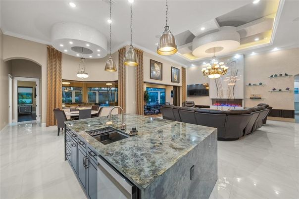 Chandelier, Dining room, Fireplace, Interior, Kitchen, Living room, Pendant Lights, Recessed Lighting