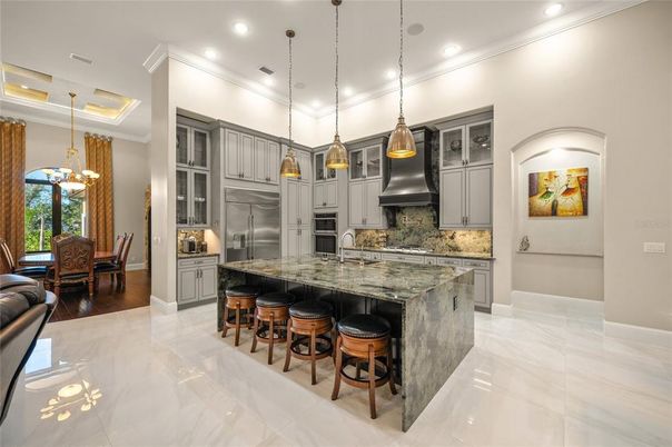 Chandelier, Dining room, Interior, Kitchen, Pendant Lights, Recessed Lighting, Stainless Steel Appliances