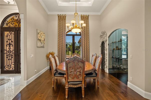 Chandelier, Dining room, Interior, Wood Texture Flooring